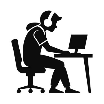 recommend clip art: Gaming sport player sitting on chair and playing computer game isolated vector silhouette