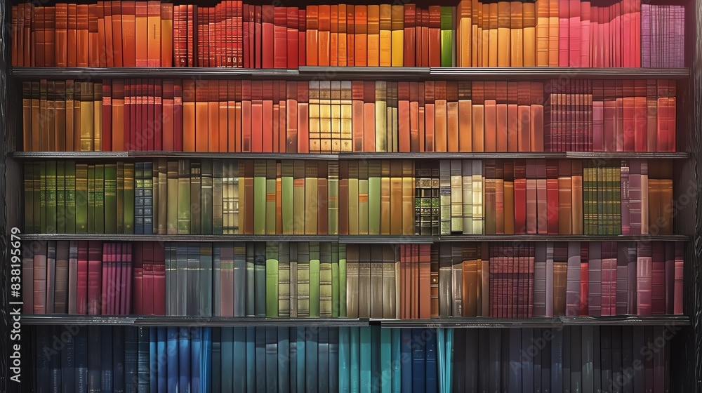 Aufkleber colorful library bookshelf with a variety of books organized by color, creating a visually appealing