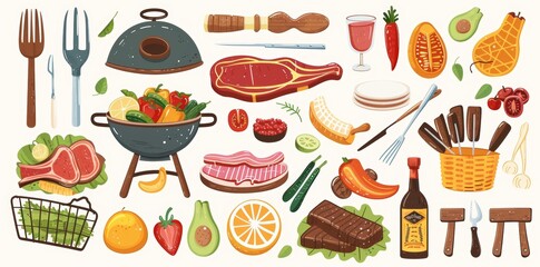 An isolated illustration of a cartoon BBQ grill set for picnics. An illustration of cooking beef and vegetables on a brazier. A collection of hotdogs, hamburgers, and grills.