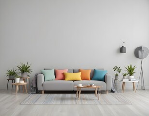 Empty living room with sofa in simple living room interior. 3D render