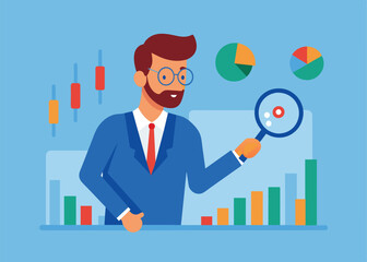 Stock market graph analysis, crypto trader trend line or finding buy and sell indicator, investment, forex trade or make profit concept, businessman investor holding magnifier analyze investment graph