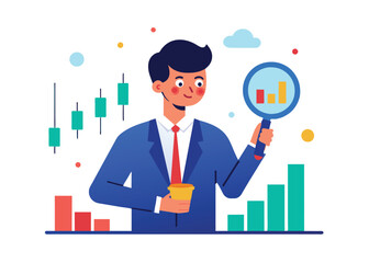 Stock market graph analysis, crypto trader trend line or finding buy and sell indicator, investment, forex trade or make profit concept, businessman investor holding magnifier analyze investment graph