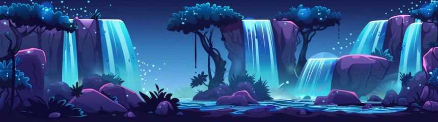 Cartoon illustration of cascading waterfall streams and hills in natural landscape. Victoria and Niagara clipart image for fantasy game. Coastal summer scene with floodwaters.