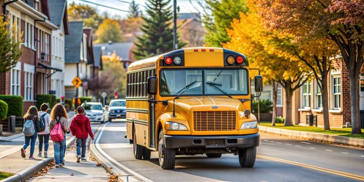 Children with backpacks walk towards a yellow school bus on a sunny morning in a peaceful suburban neighborhood setting