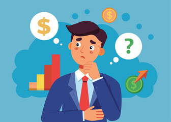 Doubtful Businessman Character Thinking Buy or Sell Currency and Bonds during Bear Stock Market Crisis Drop Sales, Trader Search Wise Financial Solution for Money Concept.