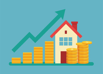 Real estate House on stack of coins. money stack. house, building, home. Arrow chart rising house prices.