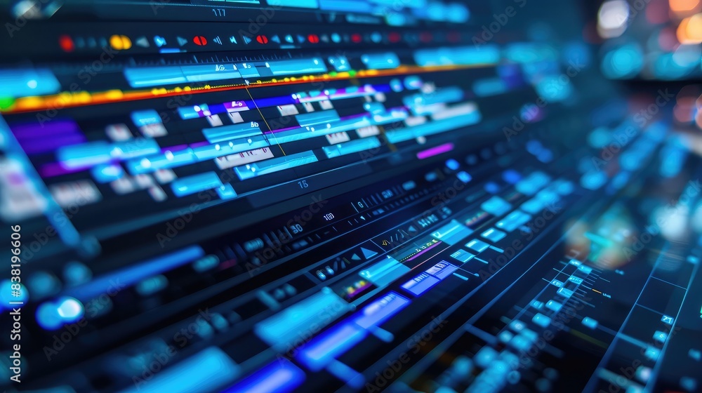 Poster close-up of a computer screen displaying a professional video editing timeline, with multiple tracks