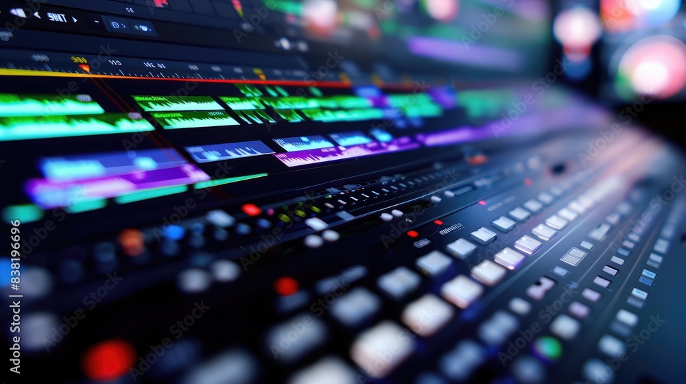 Poster close-up of a computer screen displaying a professional video editing timeline, with multiple tracks
