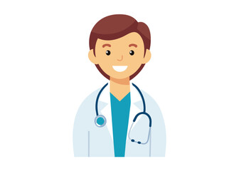 Portrait of smiling doctor or health worker in medical uniform with stethoscope. Avatar of young physician in coat. Colored flat cartoon vector illustration of medic specialist isolated on white.