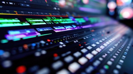 Obraz premium Close-up of a computer screen displaying a professional video editing timeline, with multiple tracks and layers for precise editing