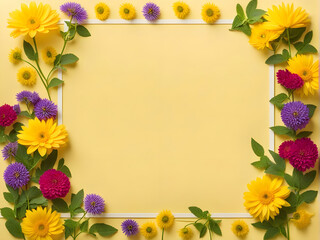 Obraz premium Beautiful garden flowers on yellow background, for wedding, birthday card wallpaper decoration and space for write text.