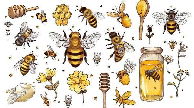 Bees set honey clipart Hand drawn bee honey elements