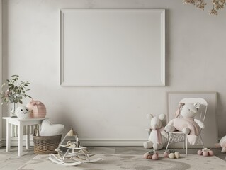 Modern Nursery Room with White Frame Mockup, frame mockup, 3d render, 3d illustrations.