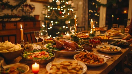 Fototapeta premium A warm and cozy New Year's Eve family feast. A large wooden table is set with a variety of delicious dishes, including roasted turkey