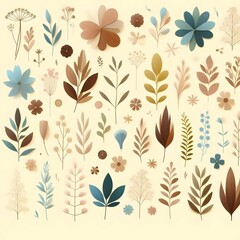 Image with a repeating pattern, light pastel colors, and different plants and flowers
