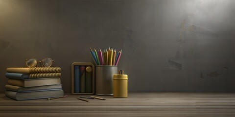 Obraz premium Books and pencil holder with assorted colorful pencils set against a soft grey background with copy space, symbolizing school supplies organization