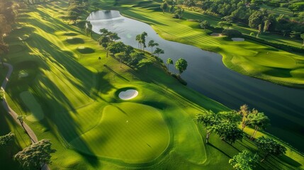 Majestic Aerial View of an Exquisite Luxury Golf Course with Immaculate Greens under a Clear Sky