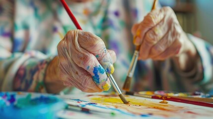 Creative and artistic activities: seniors doing creative activities such as painting, knitting. or doing crafts in the activity room