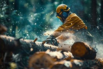 A man in a yellow jacket is cutting down a tree with a chainsaw