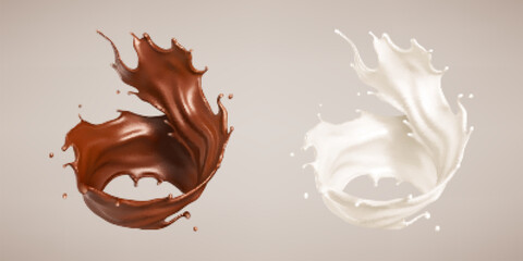 Milk and chocolate splash. Milkshake and melted brown choco. Realistic vector illustration
