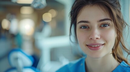 Fototapeta premium Female dentist in blue scrubs examining a patients teeth, professional setting, closeup, focused expression 8K , high-resolution, ultra HD,up32K HD