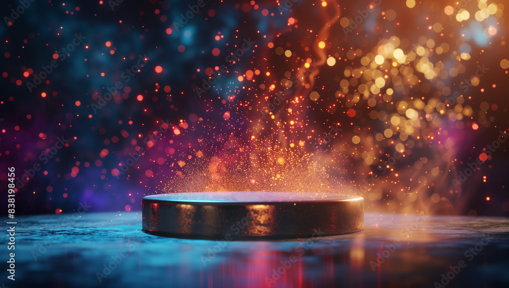 Aufkleber a round podium with sparkling lights and particles in the background, creating an atmosphere of awar