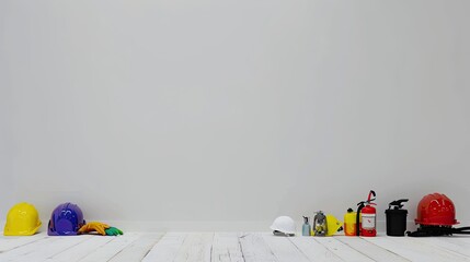 various safety equipment including hard hats, gloves and fire extinguishers arranged on a white wooden flooring with space for text at the bottom of the frame.