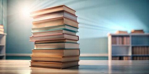Fototapeta premium School book stack with blue background and copy space. School banner for education advertising symbolizing knowledge and education, learning, study