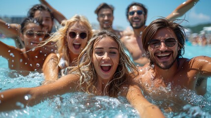 Group of Friends Enjoying Fun Pool Party on a Sunny Day