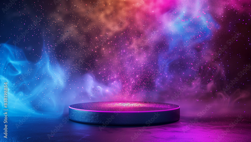 Poster a round podium with glowing purple and blue lights surrounded by smoke, set against an abstract back