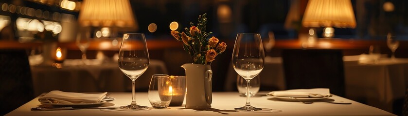 Capture a stunning long shot of a luxurious dining experience for a couple Highlight romantic ambiance with dim lighting, elegant table setting, and a view