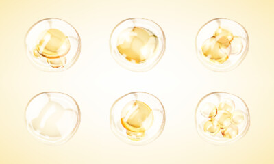 Golden collagen serum drops. Cosmetic liquid, oil bubble. Concept skin care cosmetics solution. Vector illustration