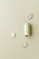 A can of soda is on a table with a piece of paper and a silver ring