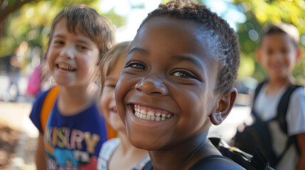 On his first day, a young boy is full of smiles and excitement as he poses for a photo, surrounded by beautiful autumn leaves.