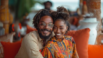 Fashionable Young African Couple Smiling in Trendy Glasses and Colorful Clothing on Cozy Couch - Powered by Adobe