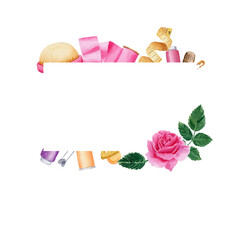 Sewing card with square copy space. Geometric square frame with sewing items and rose. Watercolor illustration on white isolated background for design