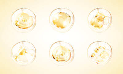 Golden collagen serum drops. Golden molecule inside bubble. Cosmetic liquid, oil bubble. Concept skin care cosmetics solution. Vector illustration