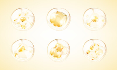 Golden collagen serum drops. Golden molecule inside bubble. Cosmetic liquid, oil bubble. Concept skin care cosmetics solution. Vector illustration