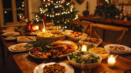 Fototapeta premium A warm and cozy New Year's Eve family feast. A large wooden table is set with a variety of delicious dishes, including roasted turkey