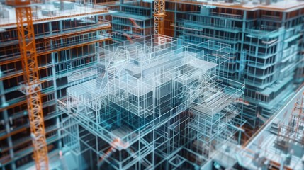 Obraz premium Incorporation of advanced construction technologies, featuring BIM, drones, and automation, showcasing high-tech solutions in a futuristic construction site, emphasizing innovation and efficiency.