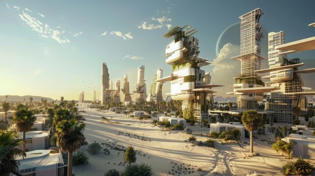 Futuristic mega-city construction, featuring smart city technologies and renewable energy, showcasing cutting-edge design in a desert environment, emphasizing innovation and sustainability. 