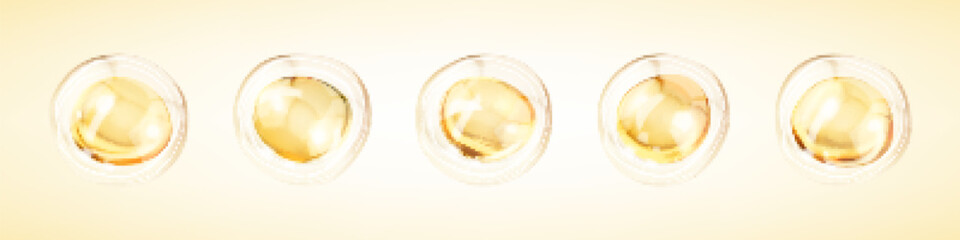 Transparent golden liquid bubbles. Golden yellow bubble oil or serum isolated on yellow background. Concept skin care cosmetics solution
