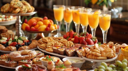 Fototapeta premium Elegant Gourmet Brunch Delight with Sparkling Mimosas and Delicious Assorted Pastries