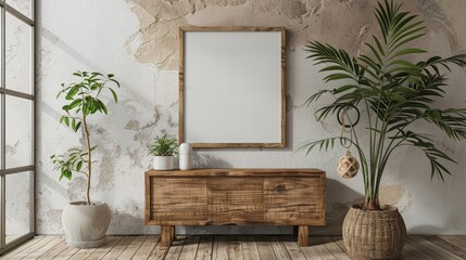 Wooden Console Table with Plants and Empty Frame  in Rustic Interior, frame mockup, 3d render, 3d illustrations.