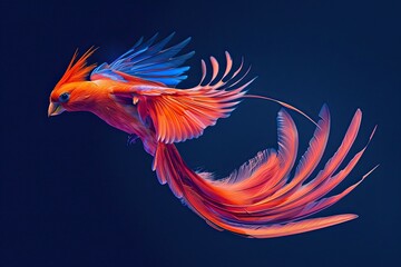 beautiful long tailed full color bird flying by flapping the wings isolated on dark blue background 