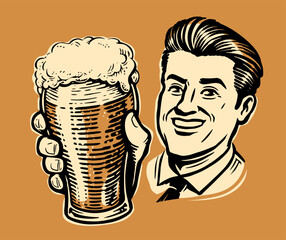 Smiling cheerful man in suit offer glass of beer. Vector illustration in pop art comic style. Retro advertising poster