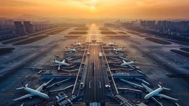 Major international airport expansion, featuring massive terminals and runways, showcasing modern architecture in a bustling city environment, emphasizing logistical complexity and scale. 