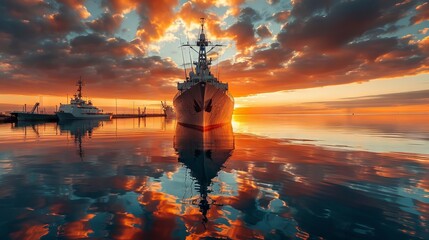 Obraz premium Military Ship Reflecting on Calm Water at Sunset