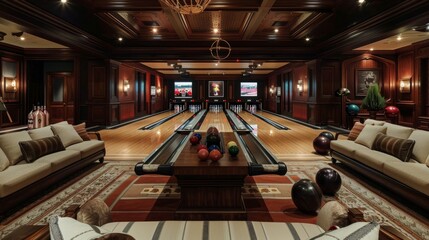 Luxurious Home Bowling Alley with Sophisticated Decor and Elegant Seating