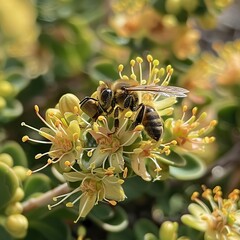 Obraz premium Bee pollinating the flowers of the crown of Christ plant 